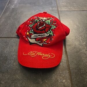 Ed Hardy Vtg Tattoo Baseball Hat Red Anchor Bird Rose Embroidered Unisex